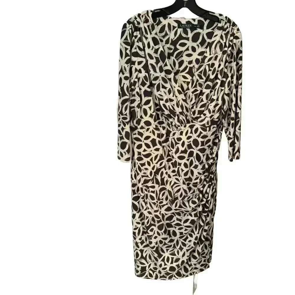 Lauren Ralph Lauren Navy & Ivory Abstract Floral Ruched Wiggle Dress Sz 14W